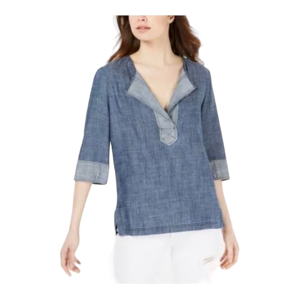 Trina Turk Groove Chambray Split Neck Shirt NWT‎ Size XS